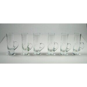 Set Of 6 Etched Glass Floral Shot Glass Hot Toddy Vintage Handles